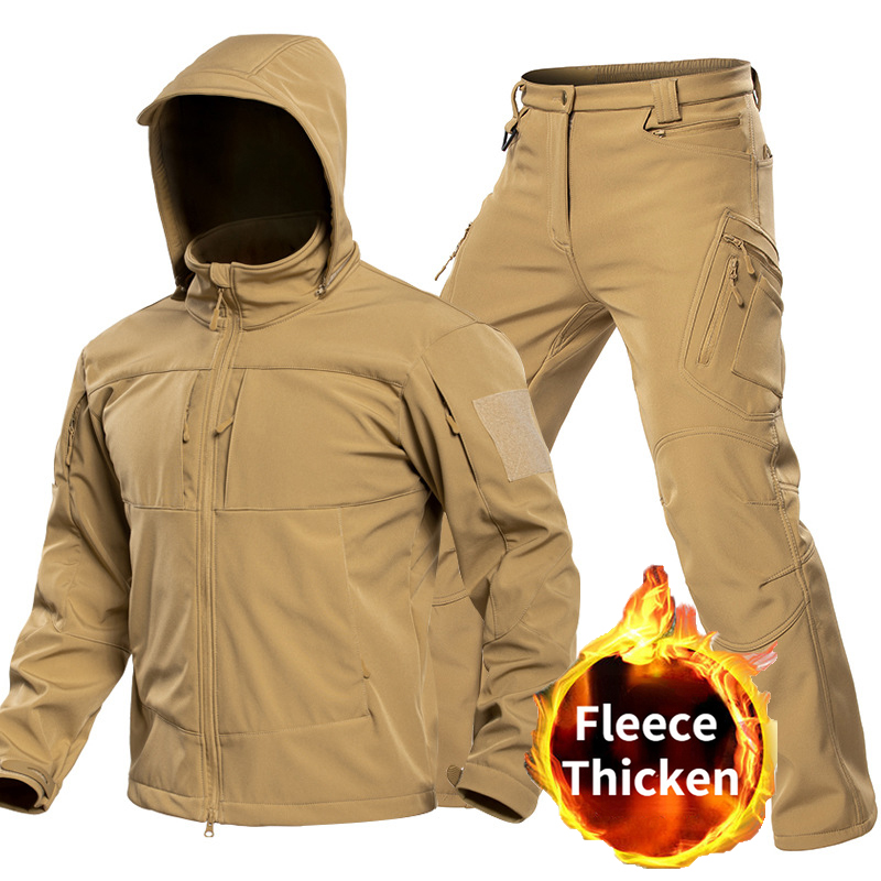 Hiking - 男性用アウトドアタクティカルソフトシェルスーツ フード付きフルジップジャケット カーゴパンツ 防風マルチポケットセット ハンティング・ハイキング・キャンプ用