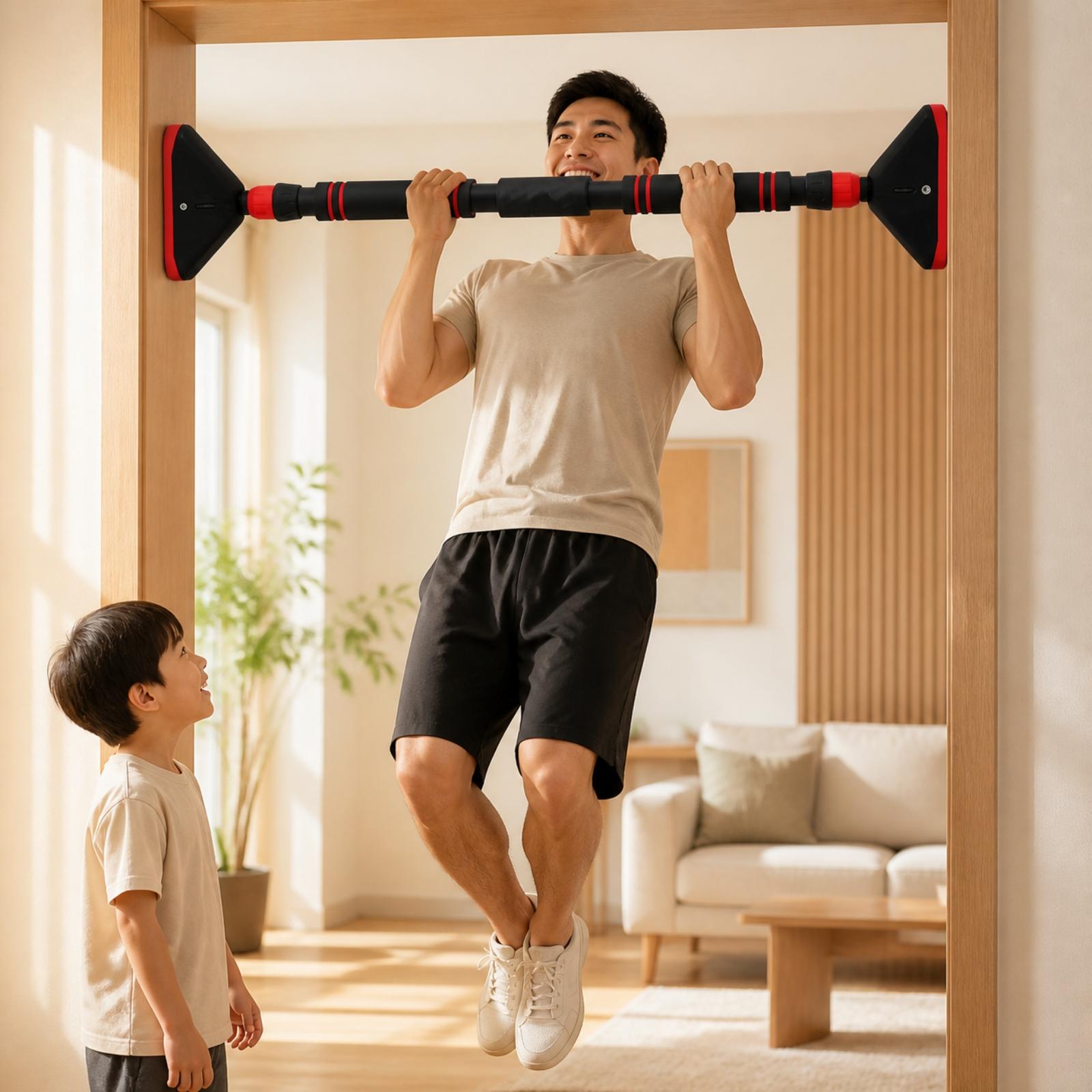 Door Pull Up Bar No Screw - ドア枠に取り付けられるプルアップバー。室内用、自宅ジム用。ネジ不要で持ち運び可能。滑り止めパッド付きで、狭いスペースでも使用可能。