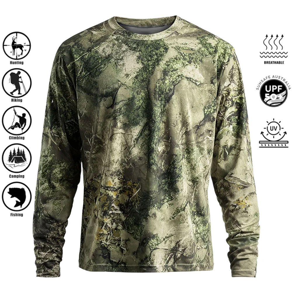 Hiking - メンズ長袖Tシャツ、ポリエステル素材、3Dプリント迷彩柄、UPF50+の紫外線カット機能、クルーネック、通気性、釣り、狩猟、ハイキング、アウトドアに最適なトップス。