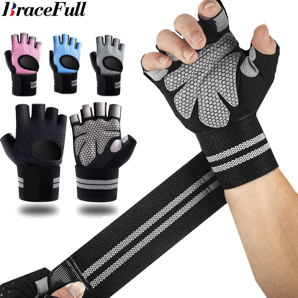 Wrist Wraps Weightlifting Support - 1 ペアハーフフィンガージムフィットネスグローブリストラップサポート付き男性女性クロスフィットワークアウトパワーウェイトリフティング機器