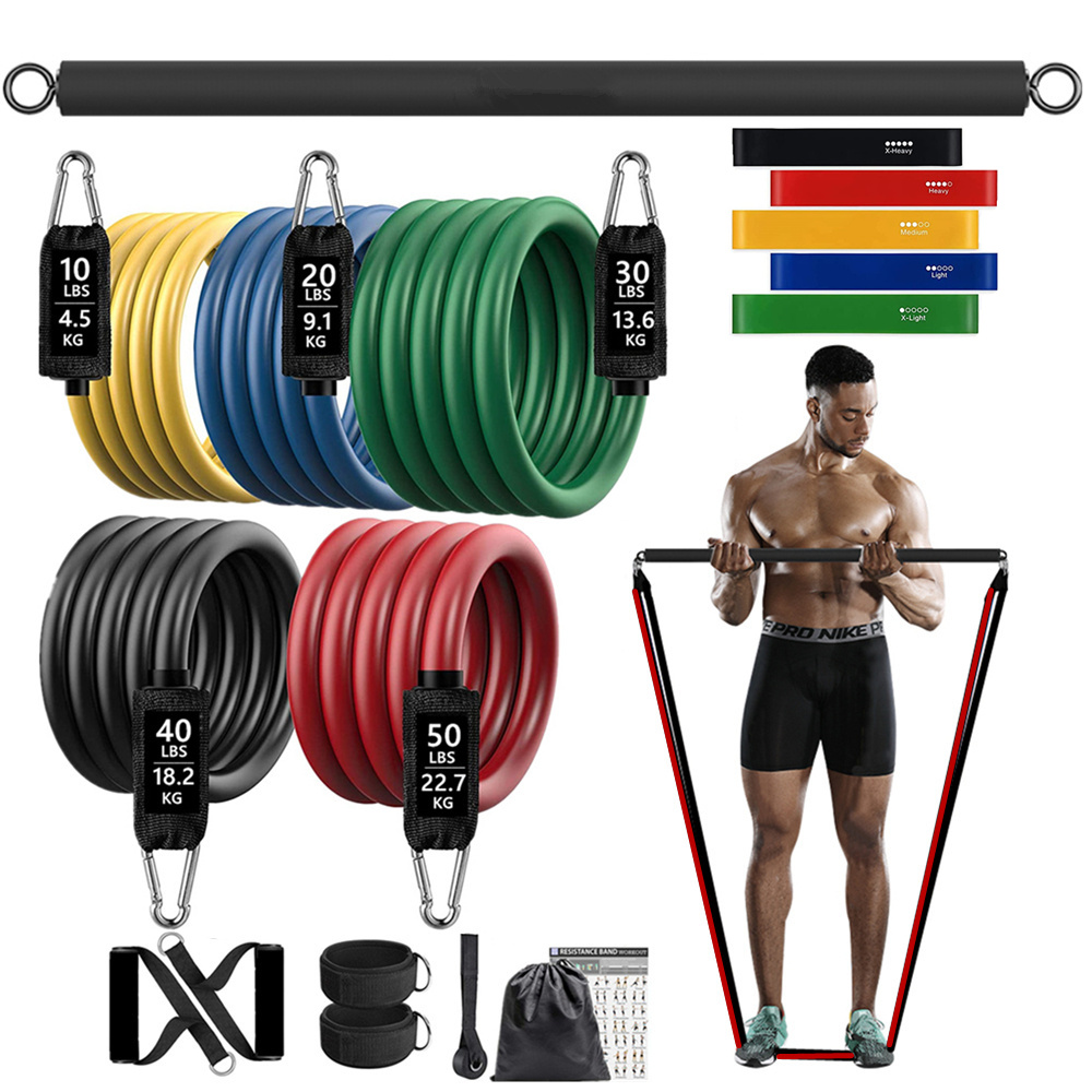 Pilates Bar Kit With Resistance Bands - 150ポンド フィットネス戦利品抵抗弾性バンドワークアウト トレーニング用 ホームエクササイズ スポーツジム ダンベルハーネスセット